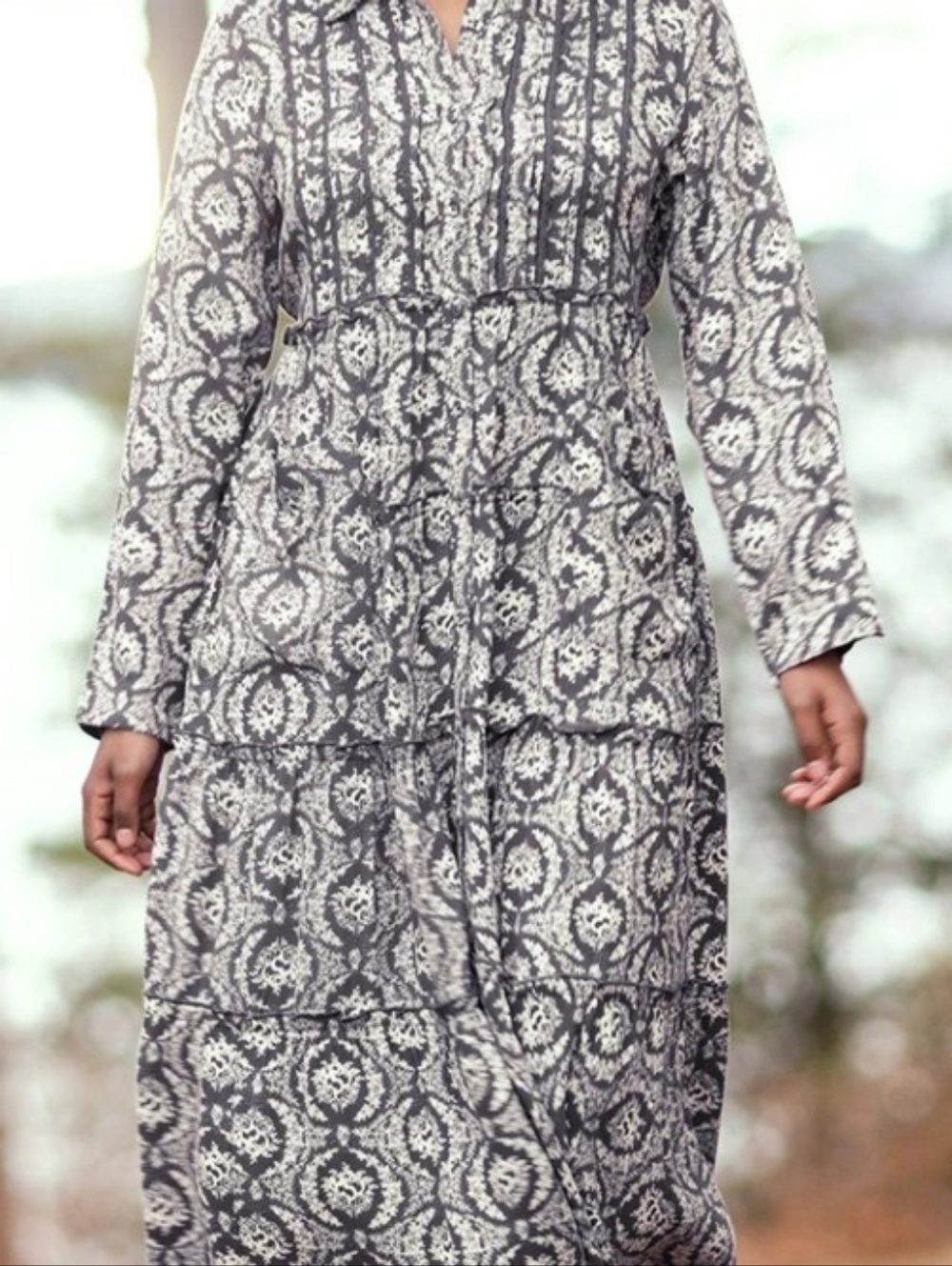 Grey and White Printed Long Sleeve Maxi Dress April Cornell
